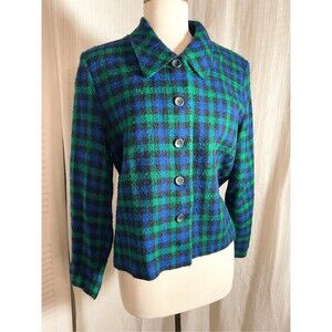 M.H.M. Melissa Harper Blazer Size 12 Women 80's Vintage Blue Green Plaid Jacket